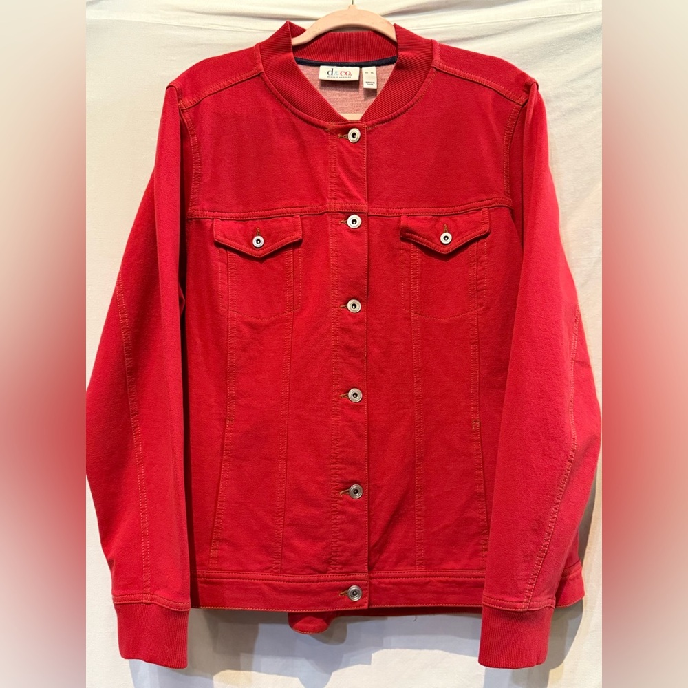 Denim & Co. Red Baseball Style Jean Jacket Classic Denim/Knit Style